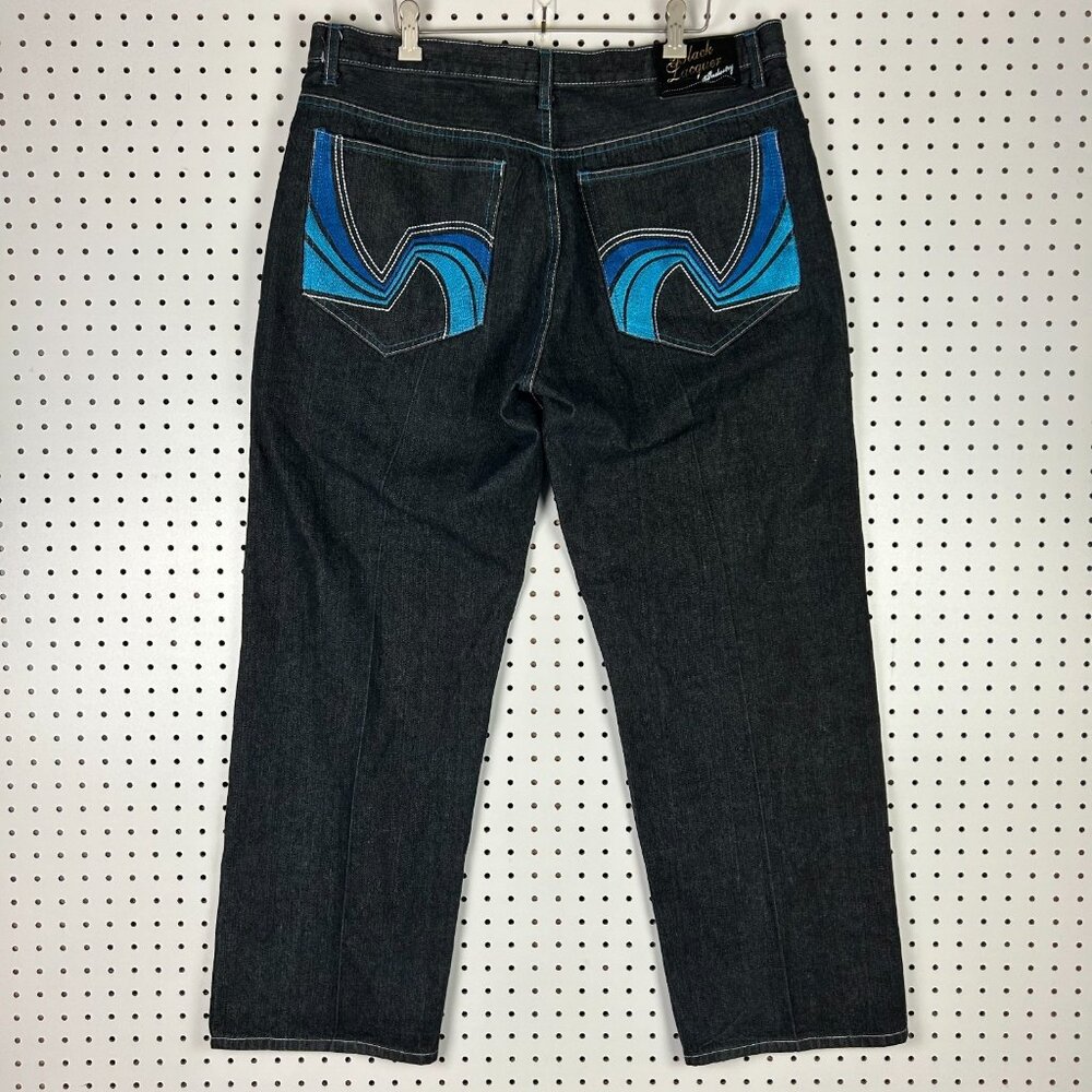 Black Lacquer Y2K Embroidered Jeans 38x31‎ Skater Punk Streetwear Black Goth 90s